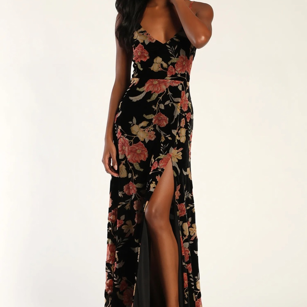 Lulu's Black Maxi Dress with Red Floral Design